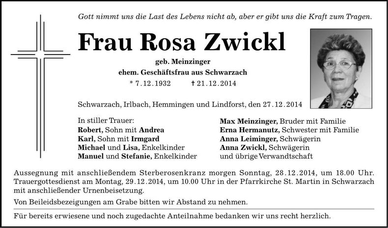 Traueranzeige Rosa Zwickl
