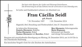 Traueranzeige Cäcilia Seidl
