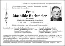 Traueranzeige Mathilde Bachmeier