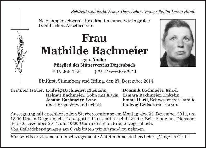 Traueranzeige Mathilde Bachmeier
