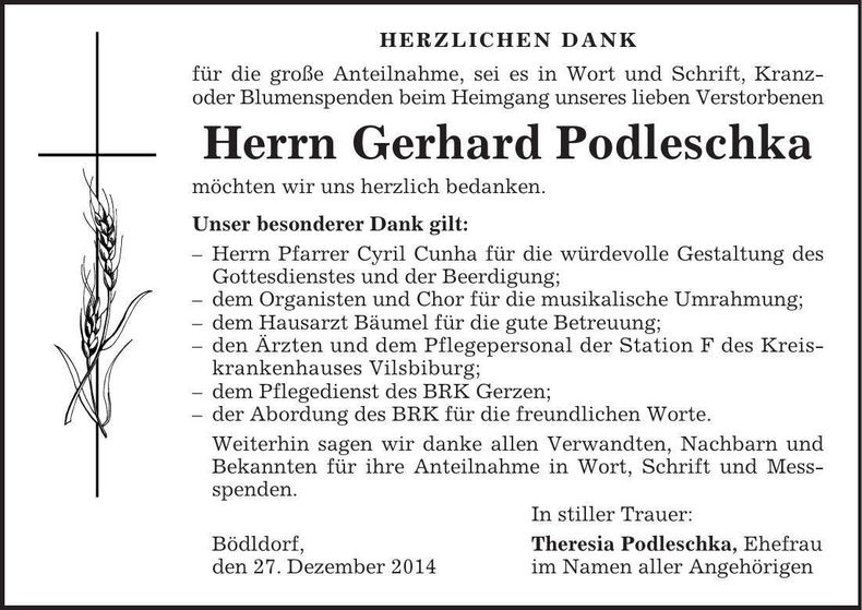 Traueranzeige Gerhard Podleschka