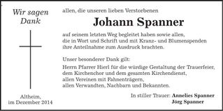 Traueranzeige Johann Spanner