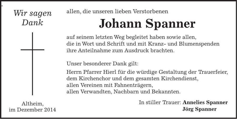 Traueranzeige Johann Spanner