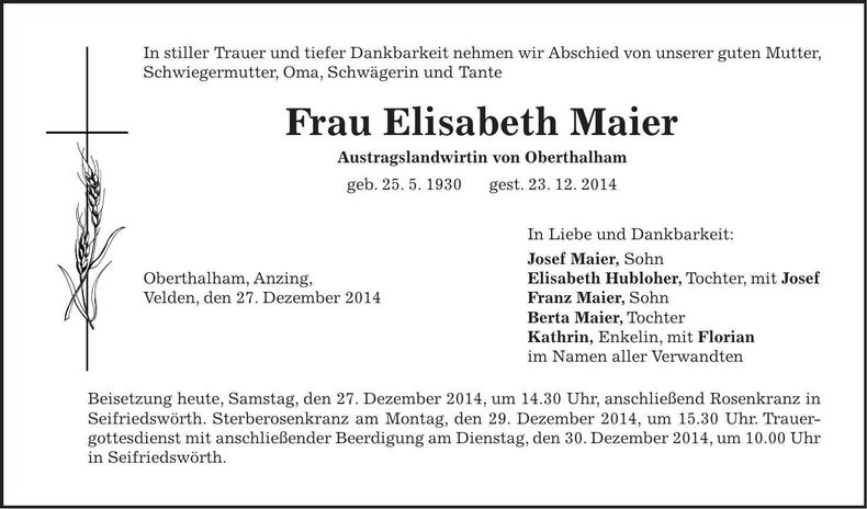 Traueranzeige Elisabeth Maier