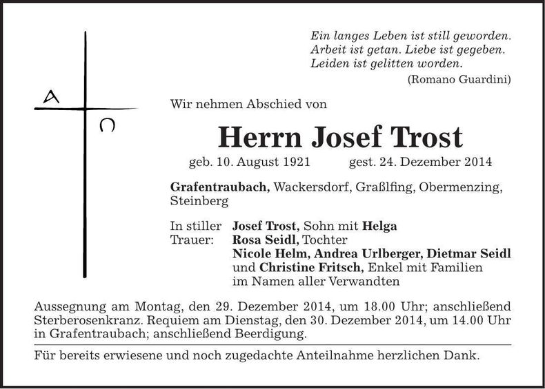 Traueranzeige Josef Trost