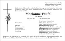Traueranzeige Marianne Teufel