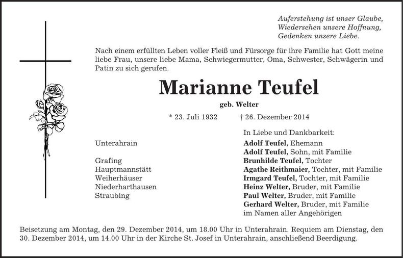 Traueranzeige Marianne Teufel