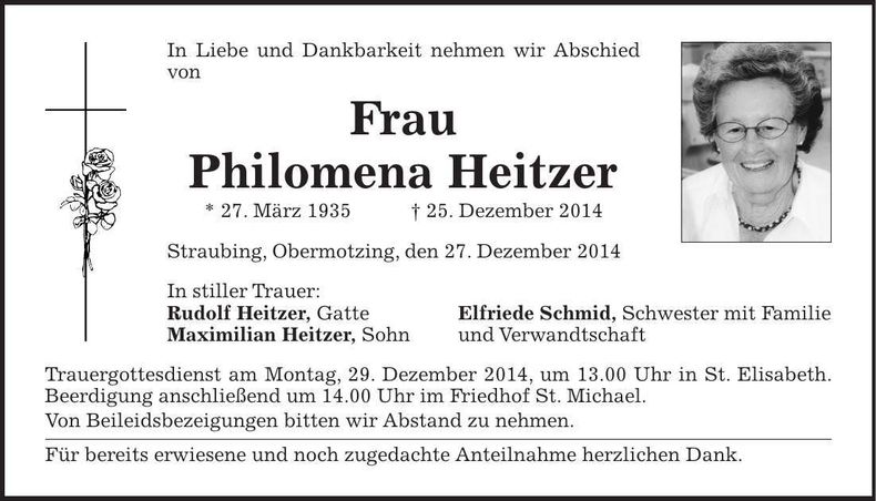 Traueranzeige Philomena Heitzer