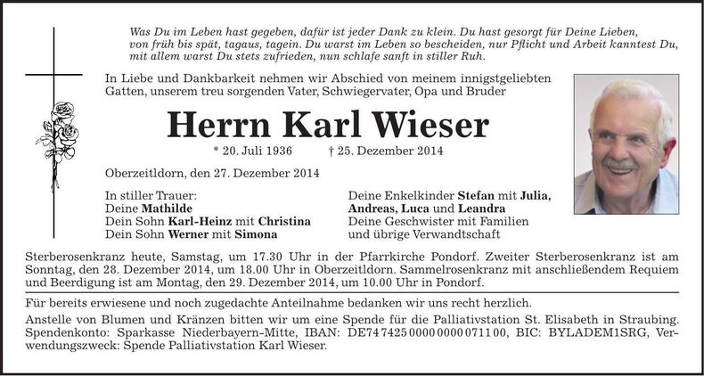 Traueranzeige Karl Wieser