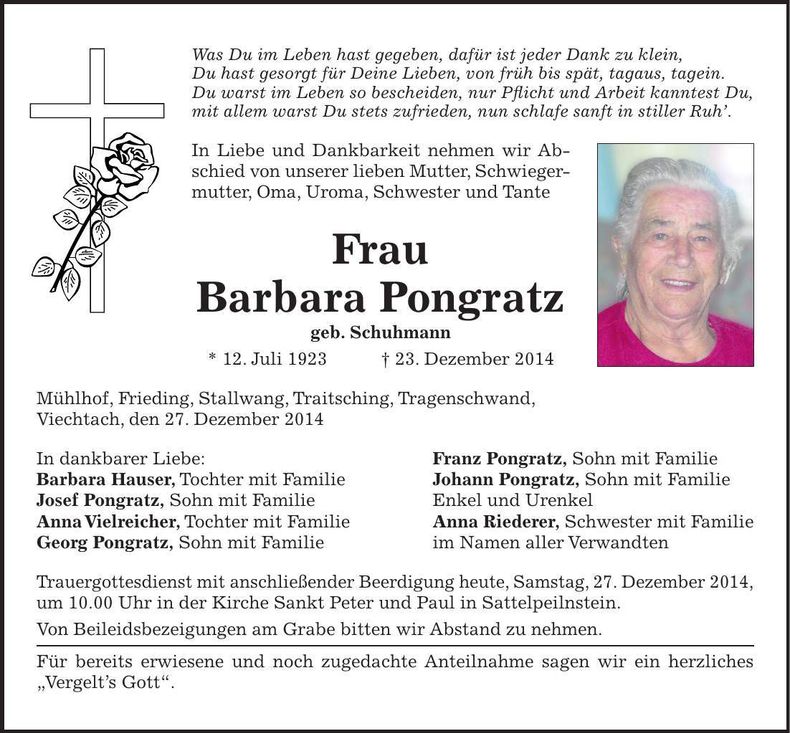 Traueranzeige Barbara Pongratz