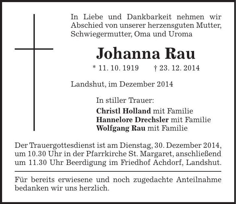 Traueranzeige Johanna Rau