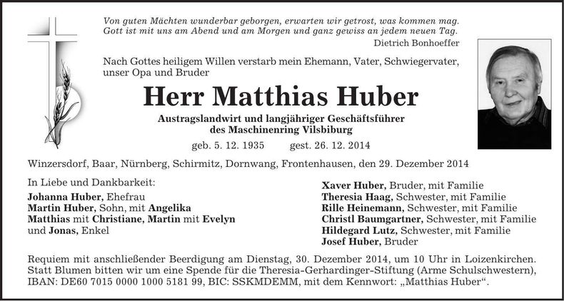 Traueranzeige Matthias Huber