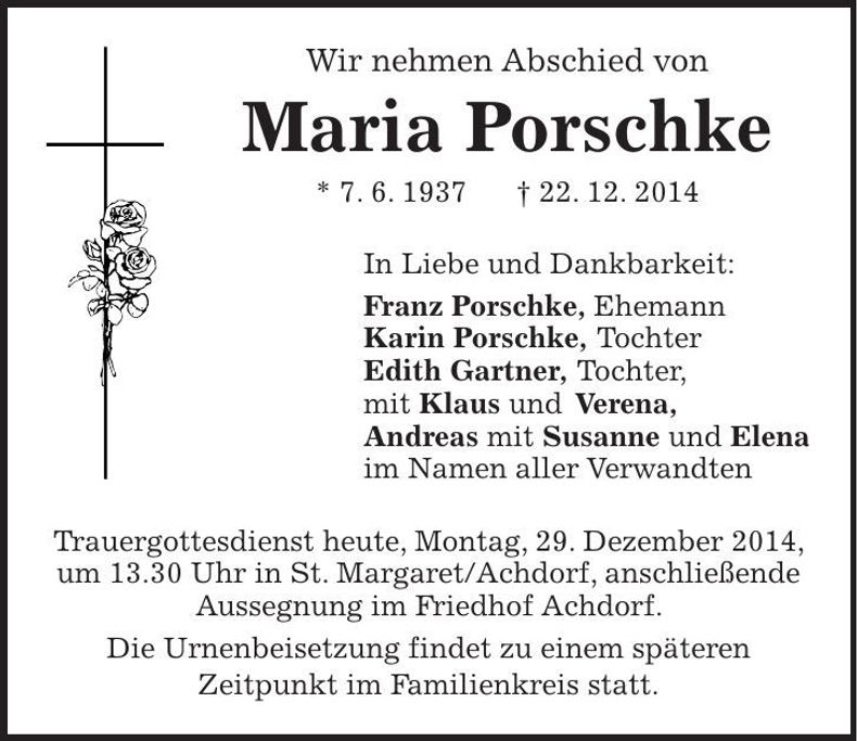 Traueranzeige Maria Porschke