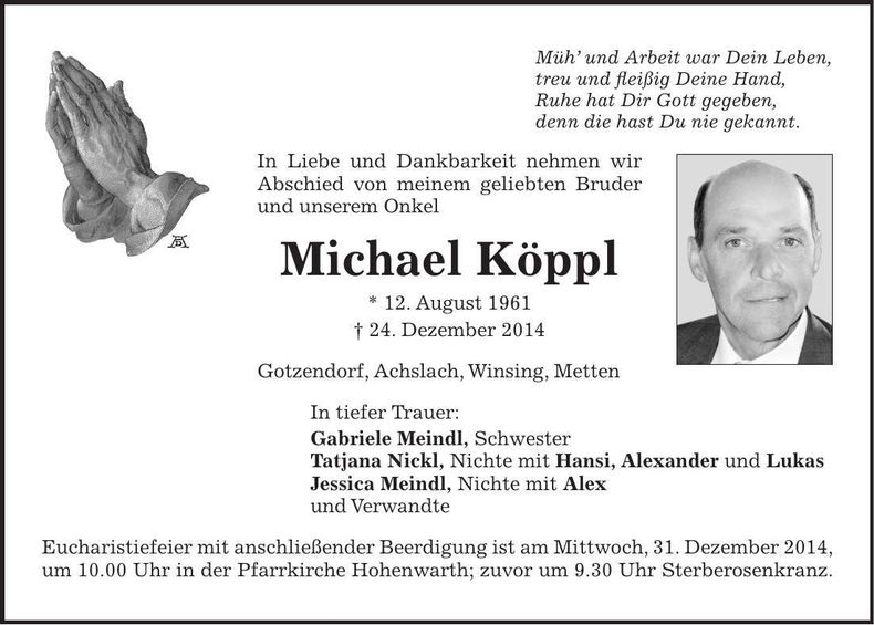 Traueranzeige Michael Köppl
