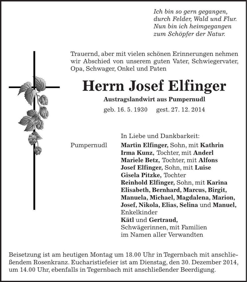 Traueranzeige Josef Elfinger