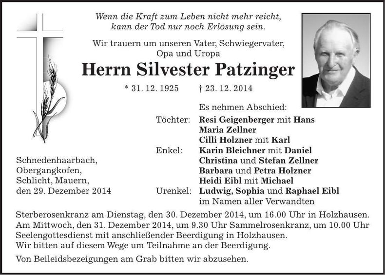 Traueranzeige Silvester Patzinger