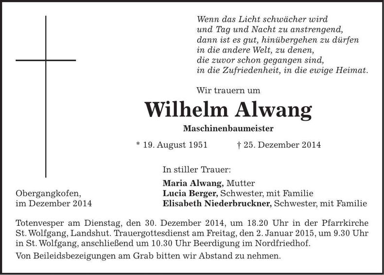 Traueranzeige Wilhelm Alwang