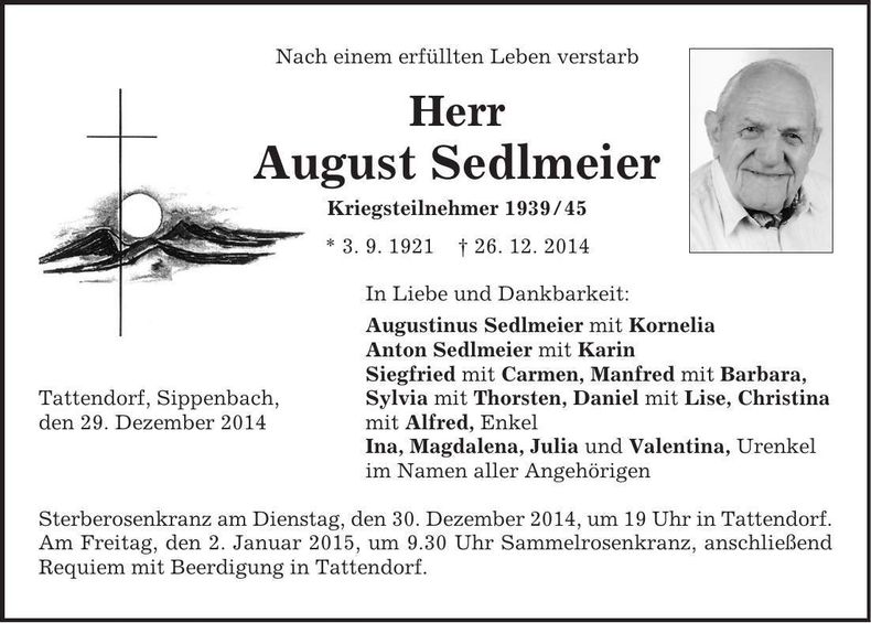 Traueranzeige August Sedlmeier