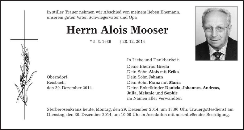 Traueranzeige Alois Mooser