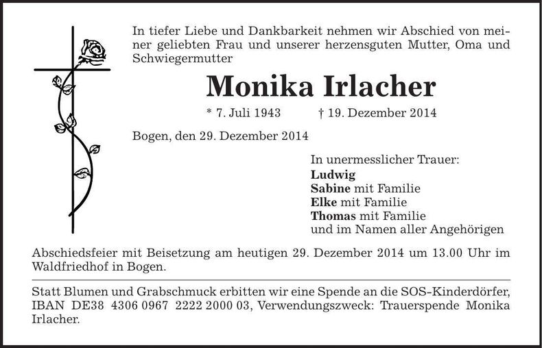 Traueranzeige Monika Irlacher