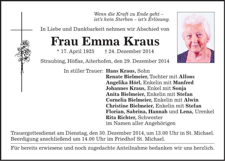Traueranzeige Emma Kraus