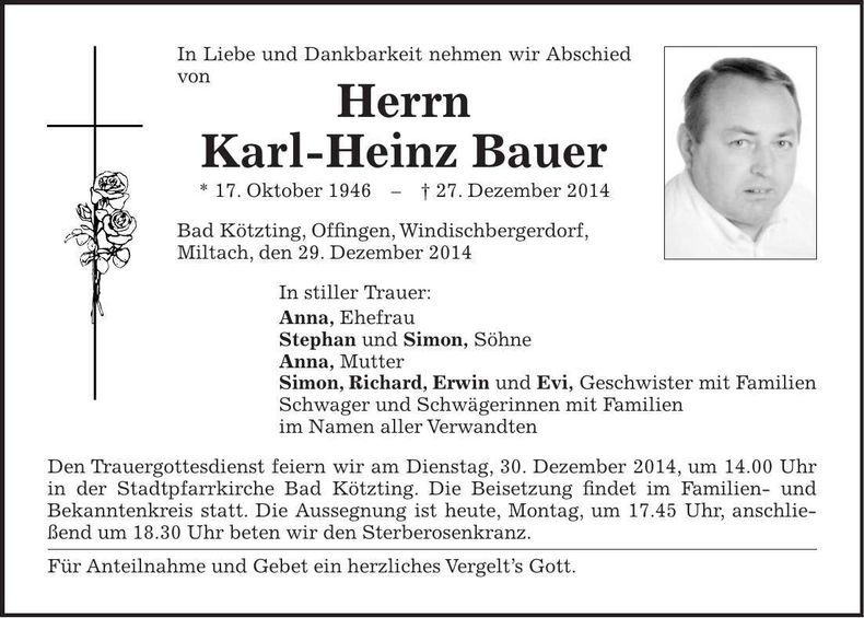 Traueranzeige Karl-Heinz Bauer