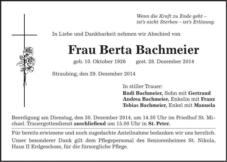 Traueranzeige Berta Bachmeier