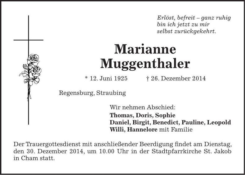Traueranzeige Marianne Muggenthaler