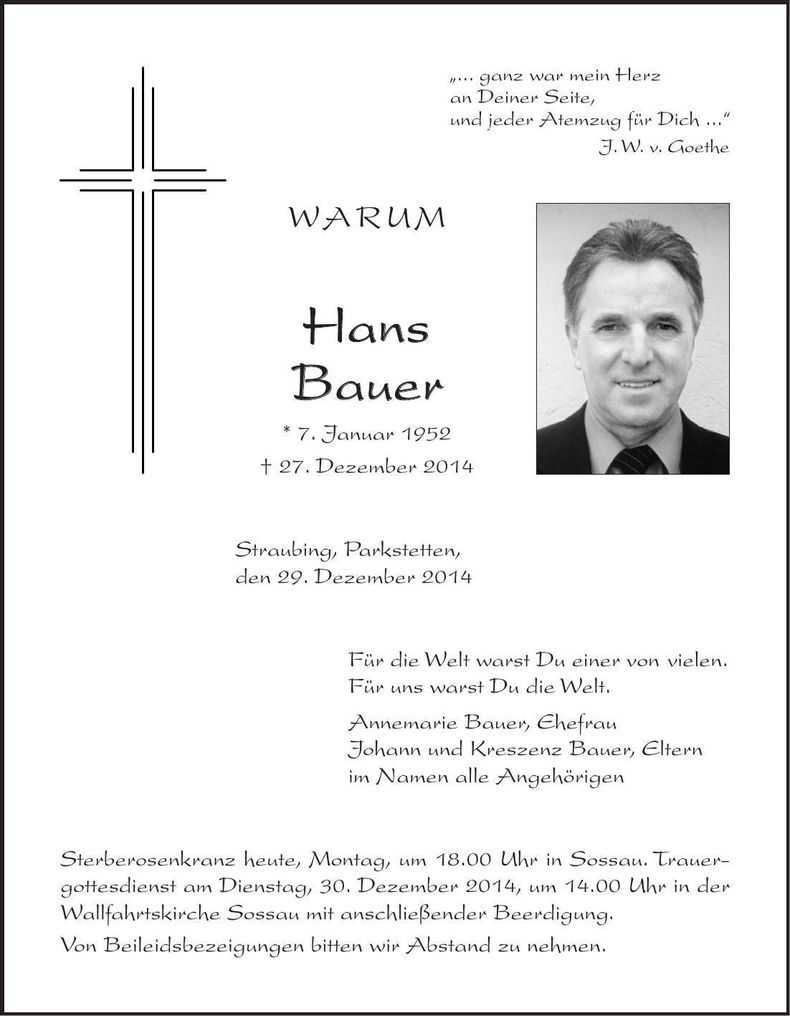 Traueranzeige Hans Bauer