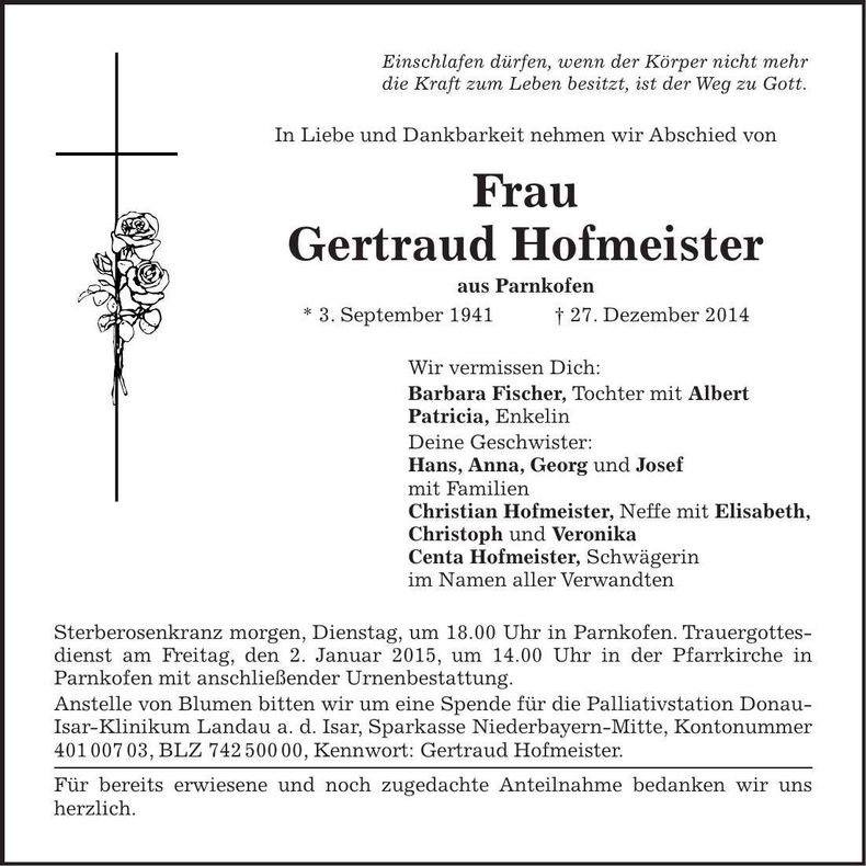 Traueranzeige Gertraud Hofmeister