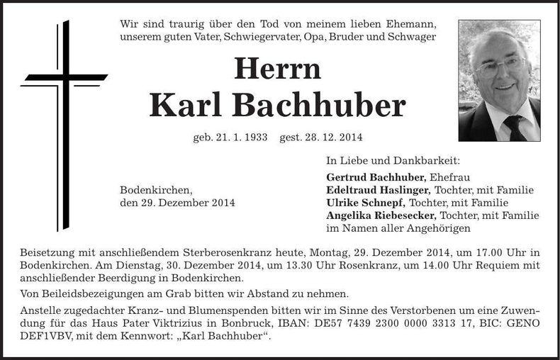 Traueranzeige Karl Bachhuber
