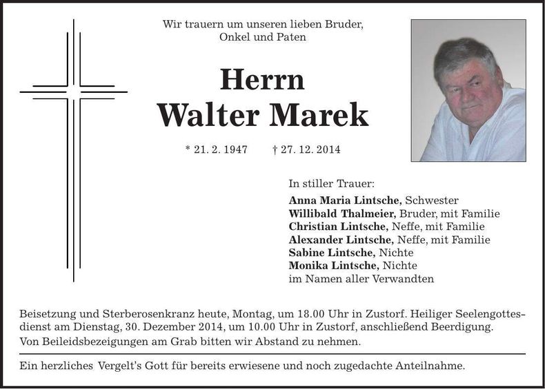 Traueranzeige Walter Marek