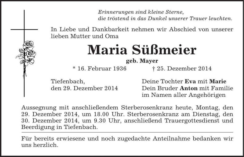 Traueranzeige Maria Süßmeier