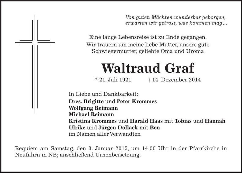 Traueranzeige Waltraud Graf