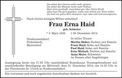 Traueranzeige Erna Haid