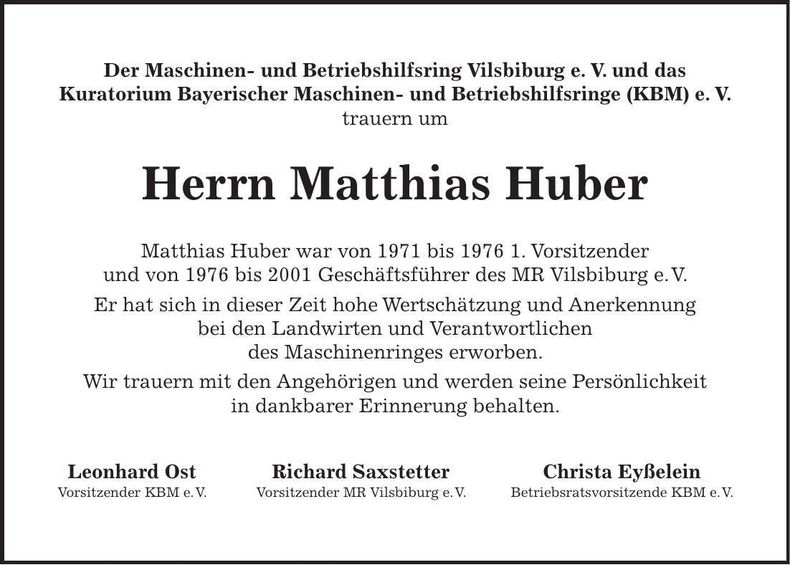 Traueranzeige Matthias Huber