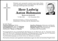 Traueranzeige Ludwig Anton Bohmann