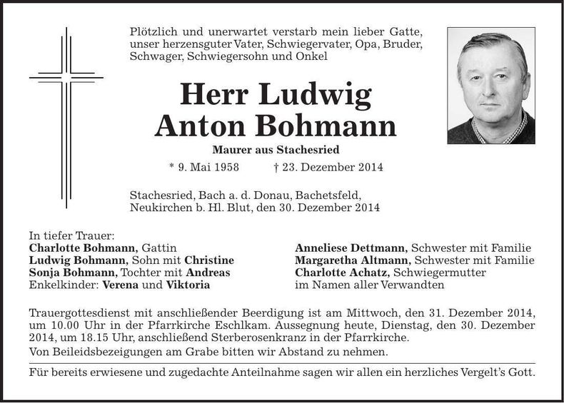 Traueranzeige Ludwig Anton Bohmann