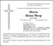Traueranzeige Heinz Wesp