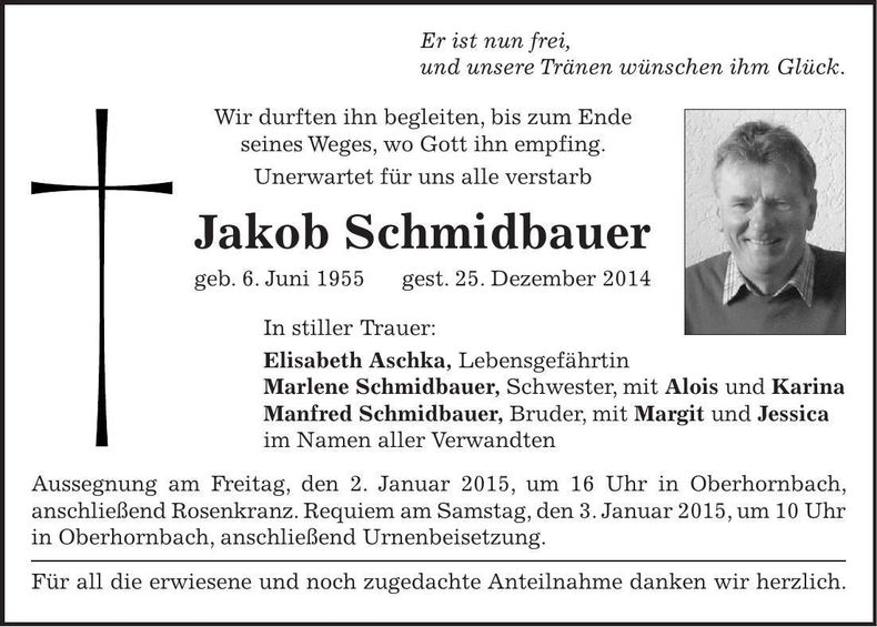 Traueranzeige Jakob Schmidbauer