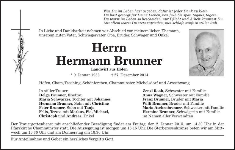 Traueranzeige Hermann Brunner