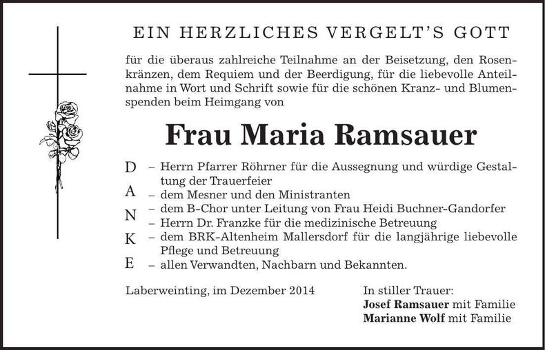 Traueranzeige Maria Ramsauer