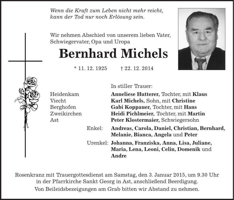 Traueranzeige Bernhard Michels
