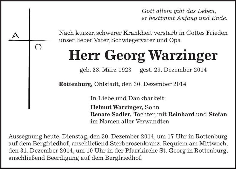 Traueranzeige Georg Warzinger