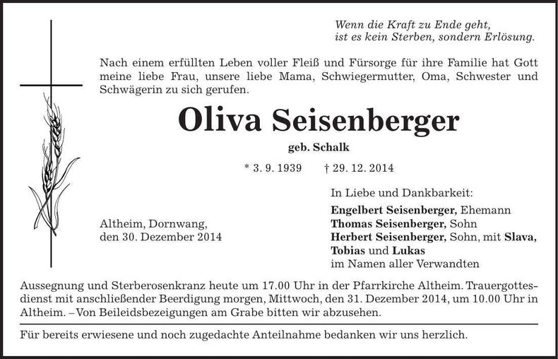 Traueranzeige Oliva Seisenberger