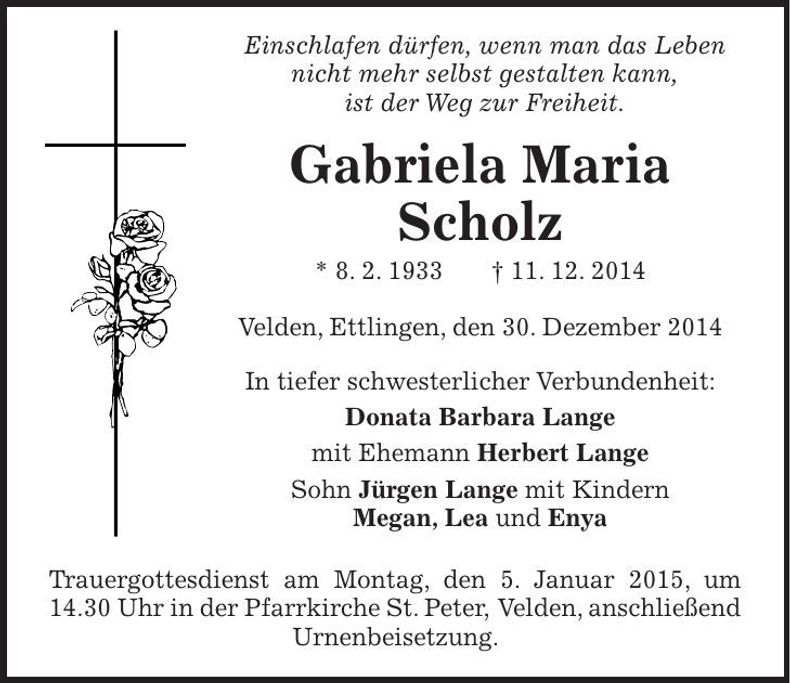 Traueranzeige Gabriela Maria Scholz