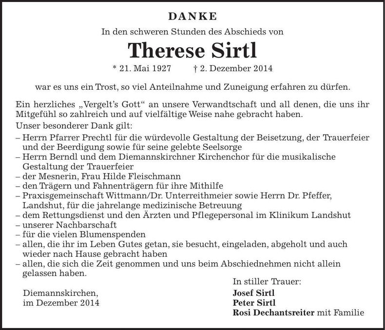 Traueranzeige Therese Sirtl