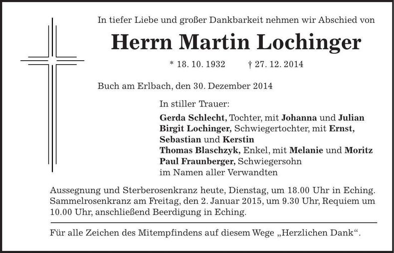 Traueranzeige Martin Lochinger