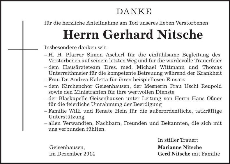 Traueranzeige Gerhard Nitsche
