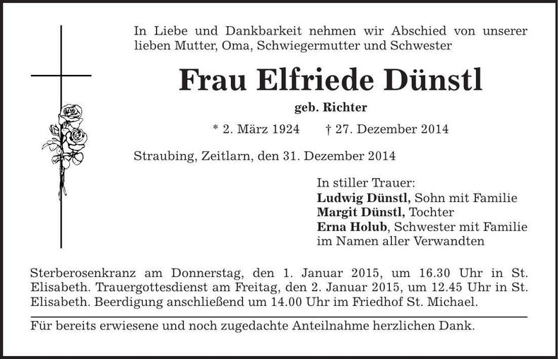 Traueranzeige Elfriede Dünstl
